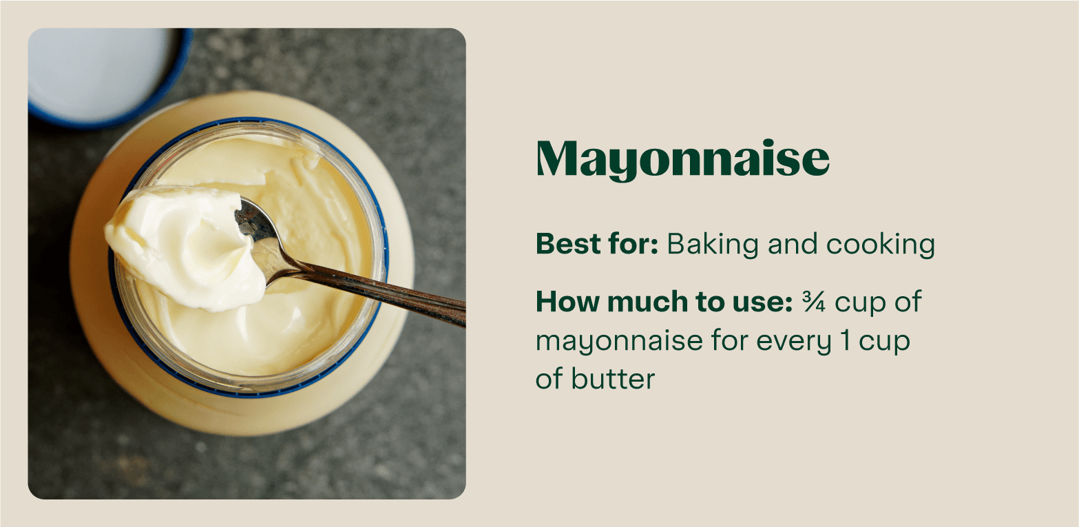 Mayonnaise in a jar with a spoon, according to the label it's suitable for baking and cooking.
