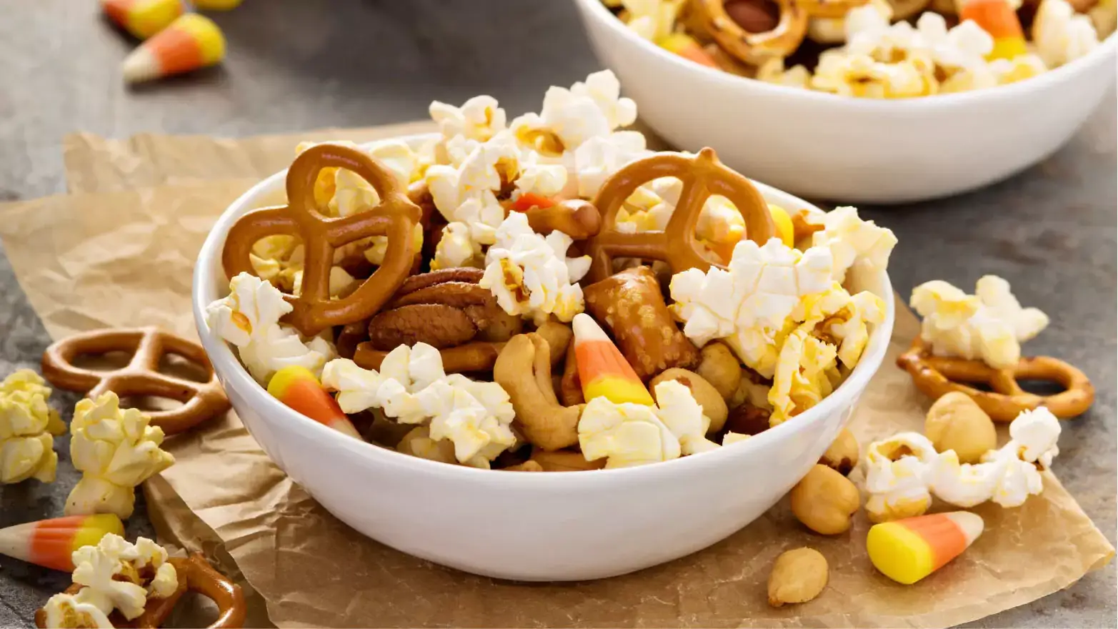 Kid’s trail mix with popcorn, mini pretzels and candy corn