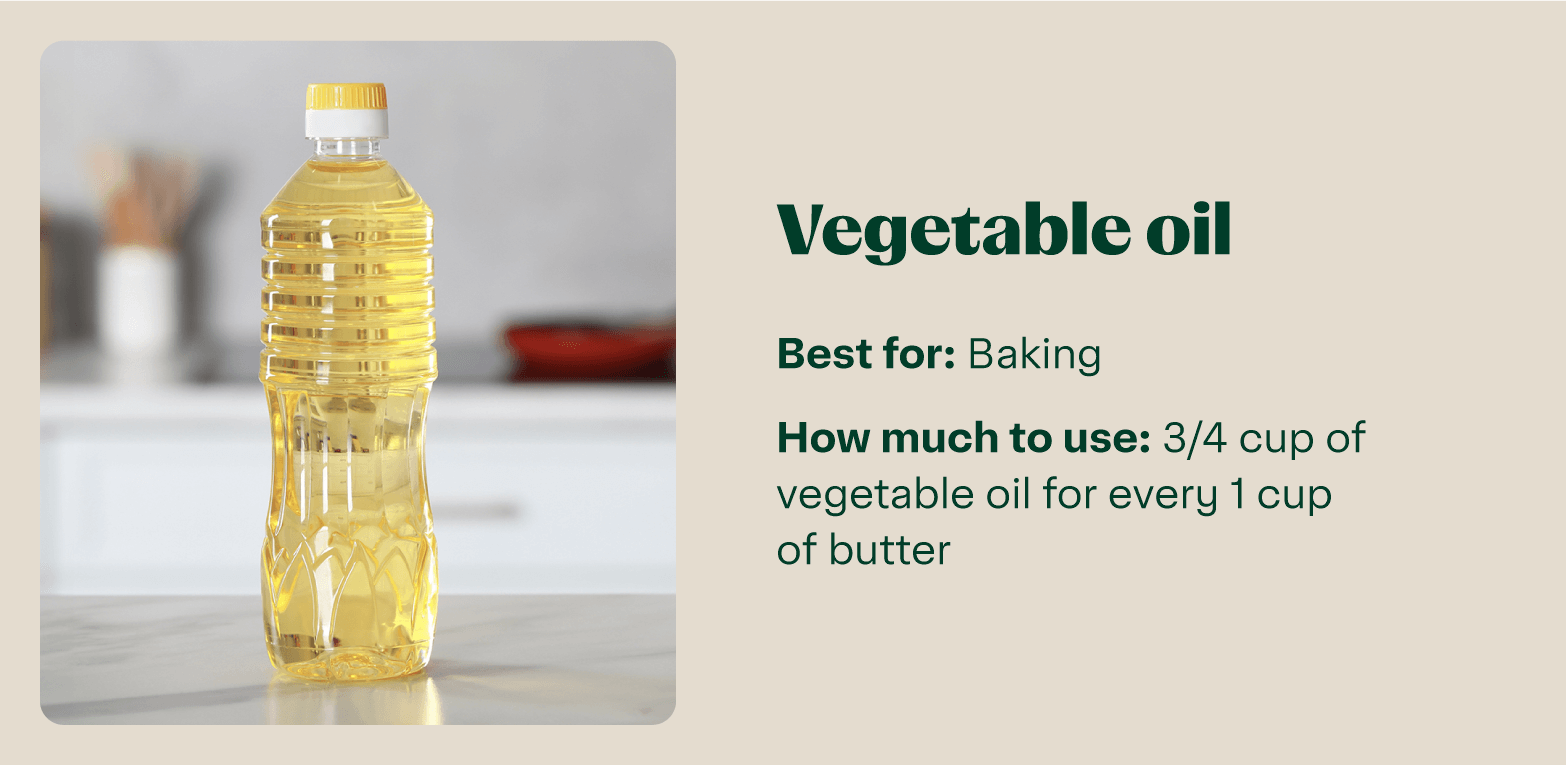 A clear plastic container of vegetable oil on a counter. Text says it's best for baking and recommends using 3/4 cup for every 1 cup of butter.