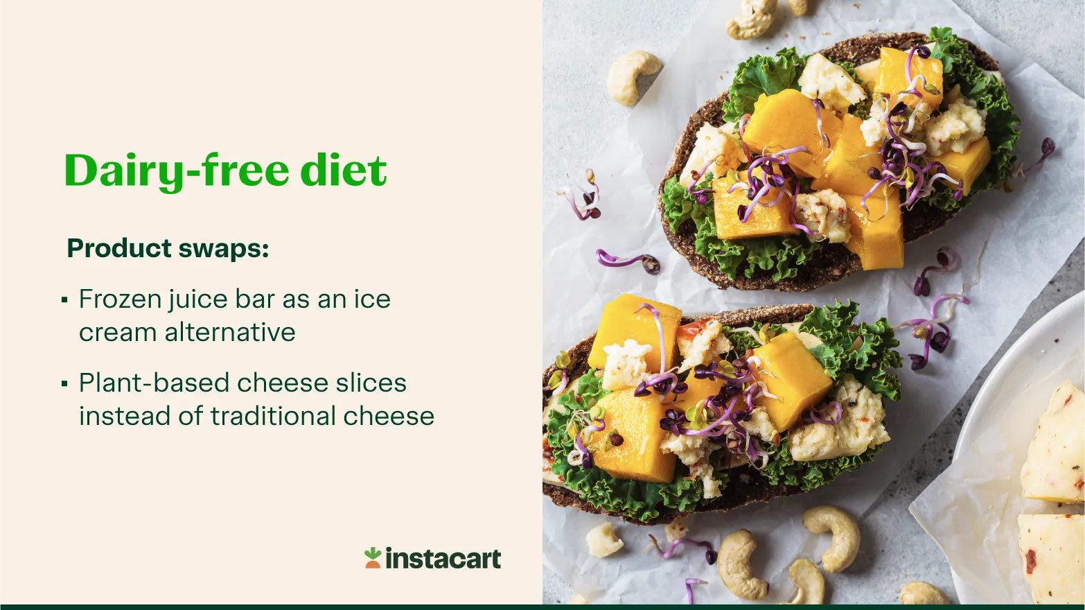 A photo of dark grain bread slices with mango cubes, cashews,  greens and purple cabbage on top with a list of dairy-free product swaps on the left. 