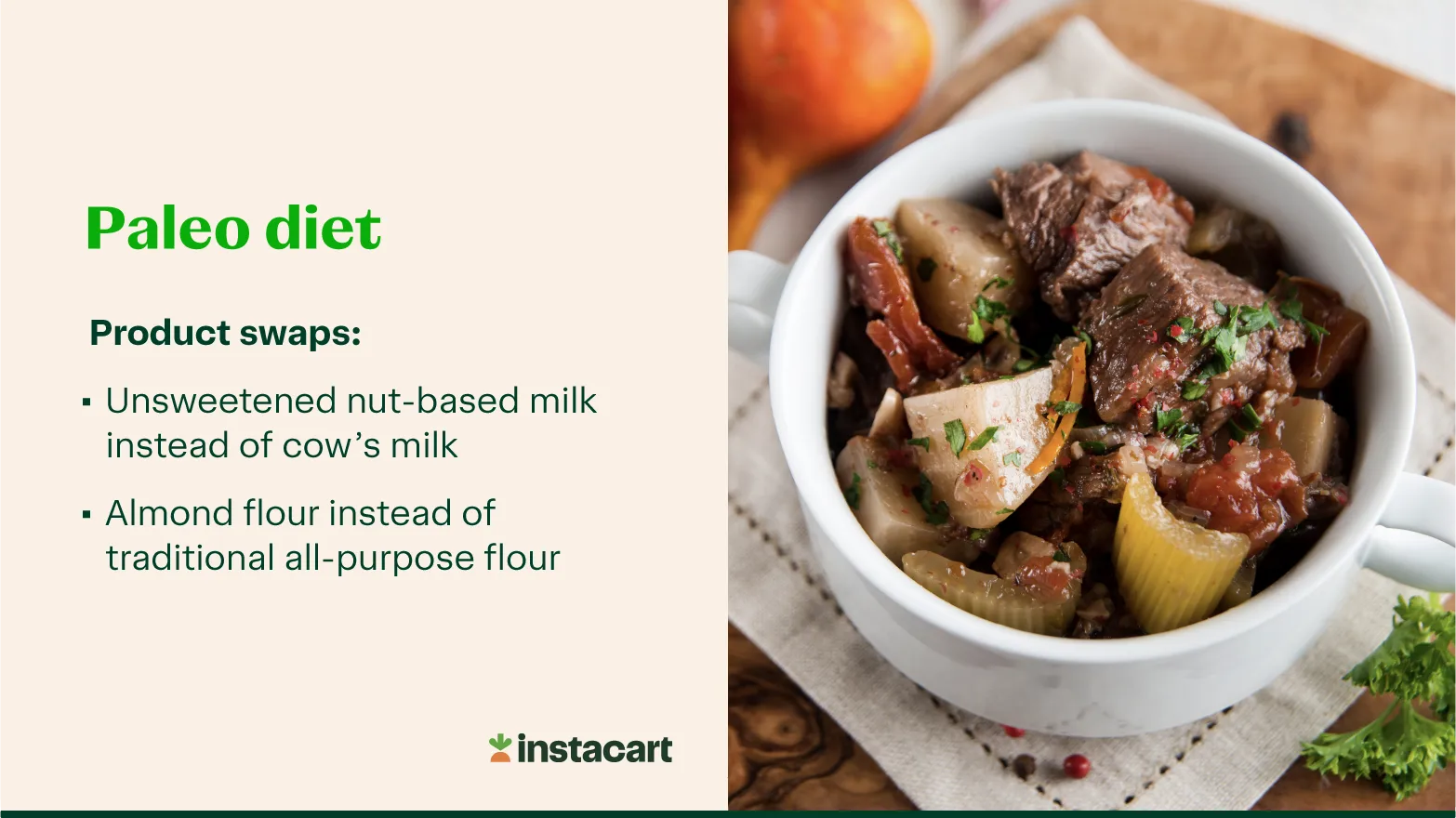 A photo of a large white, two-handled mug of beef and vegetables sitting on a white cloth napkin on a wooden surface with a list of paleo diet product swaps on the left.