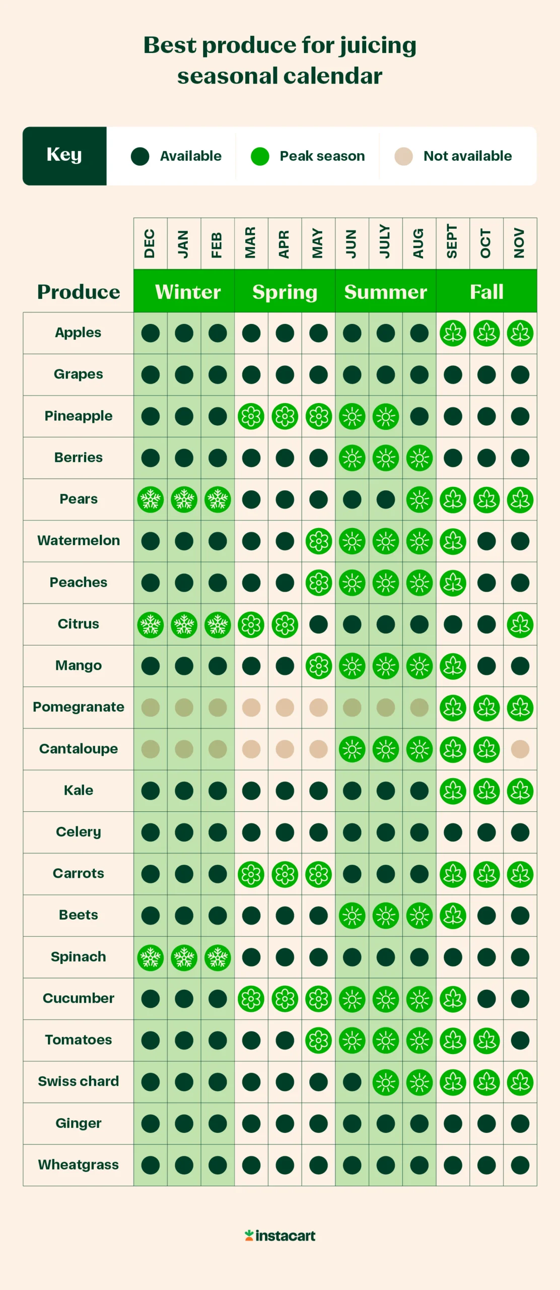 Illustrated seasonal chart of the best produce for juicing.