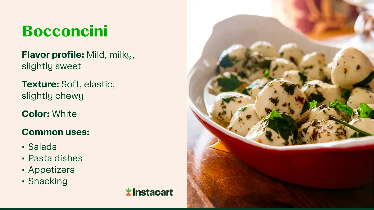 Bocconcini cheese in a red bowl with text describing its flavor, texture, color, and common uses.