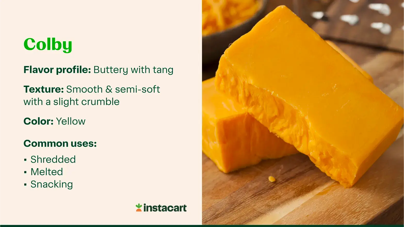 Colby cheese with text describing its flavor, texture, color, and common uses.