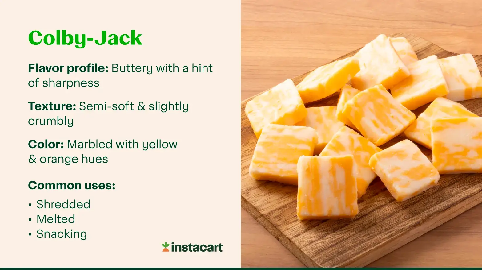 Colby-Jack cheese cubes with text describing its flavor, texture, color, and common uses.