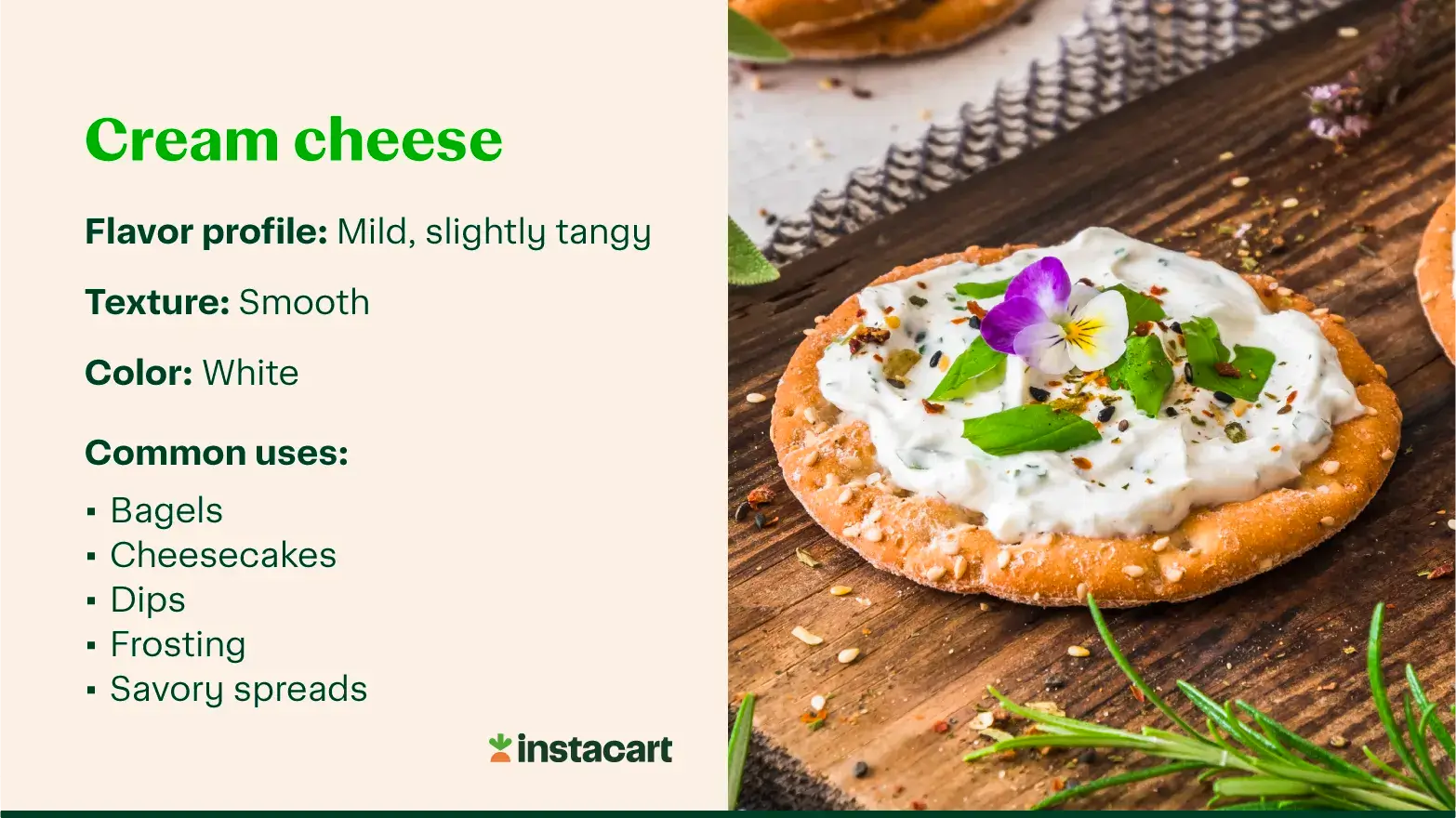 Cream cheese on a cracker with text describing its flavor, texture, color, and common uses.