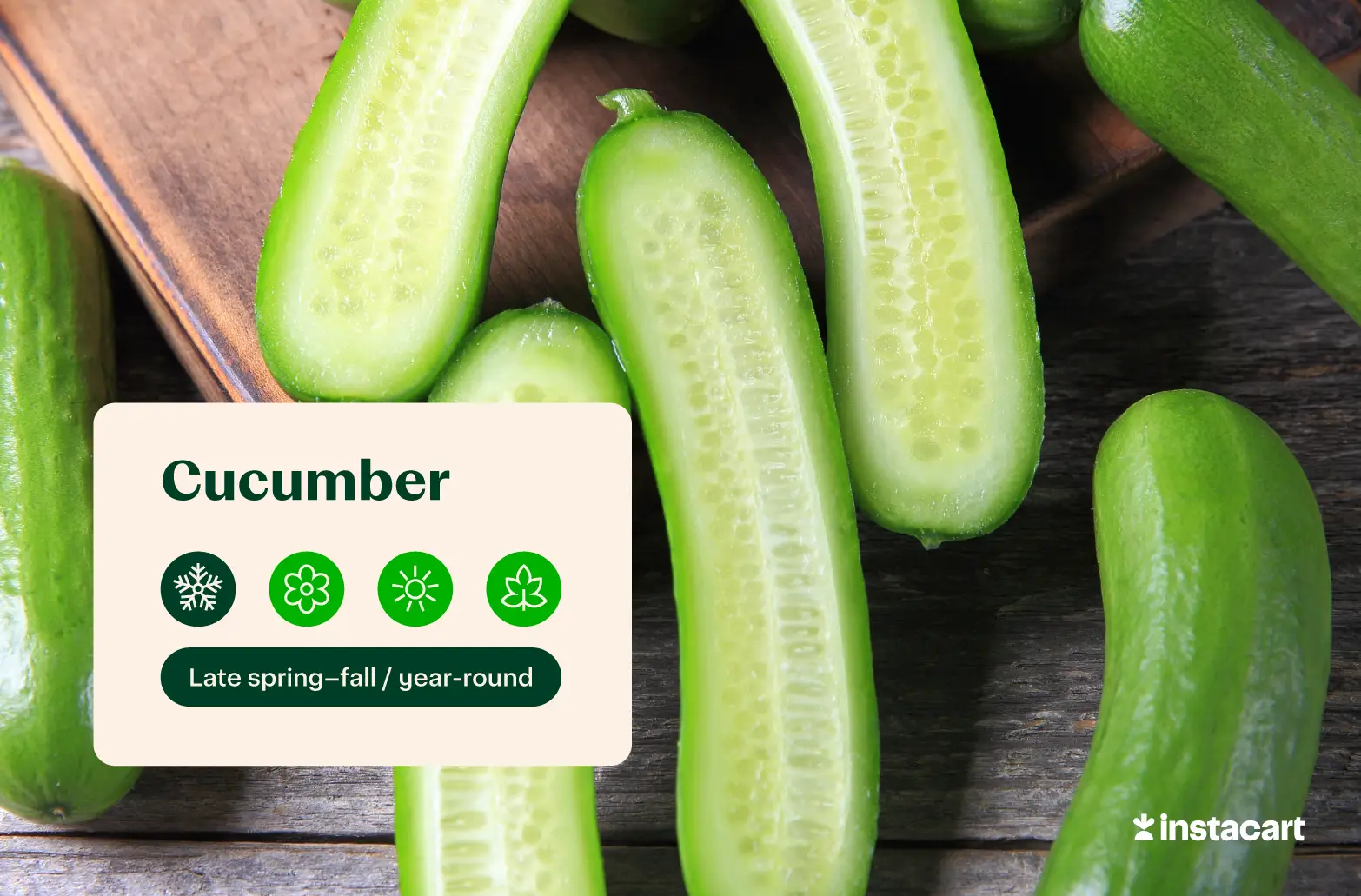 Green cucumbers in a basket sitting on a wooden surface. 