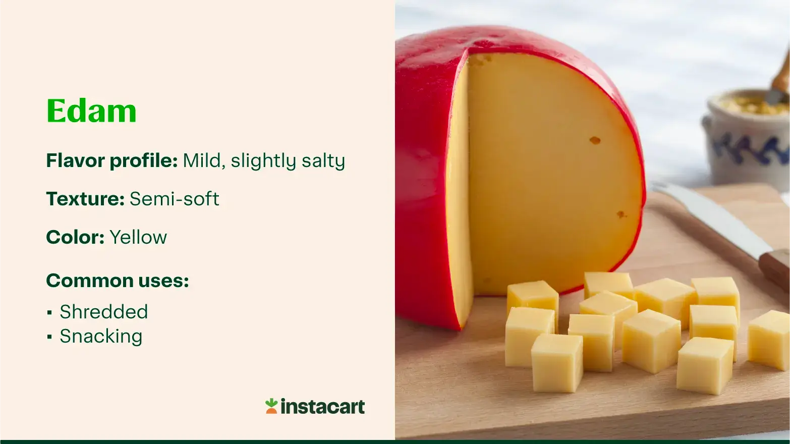 A half-sphere of Edam cheese with slices and cubes, with text describing its flavor, texture, color, and common uses.