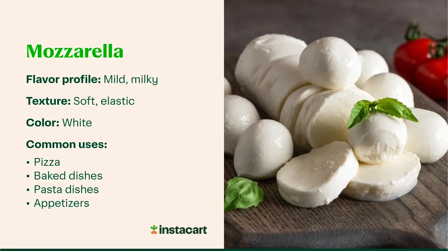 A block of mozzarella cheese sliced on a wooden board, with additional whole mozzarella balls and tomatoes in the background. Text on the image describes the flavor profile, texture, color, and common uses of mozzarella cheese, including pizza, baked dishes, pasta dishes, and appetizers.