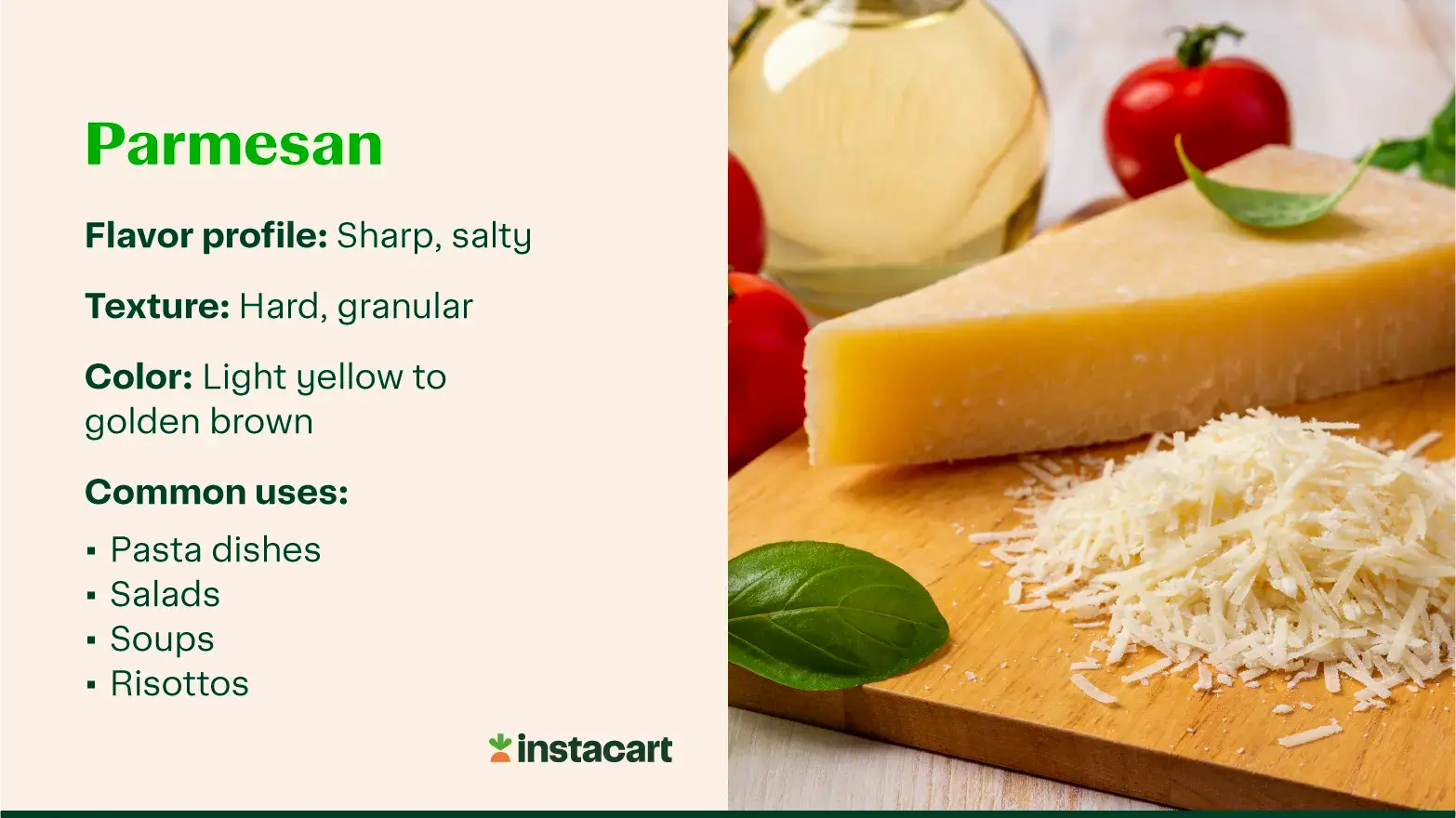 A wedge of Parmesan cheese on a wooden board with text describing its flavor, texture, color, and common uses.