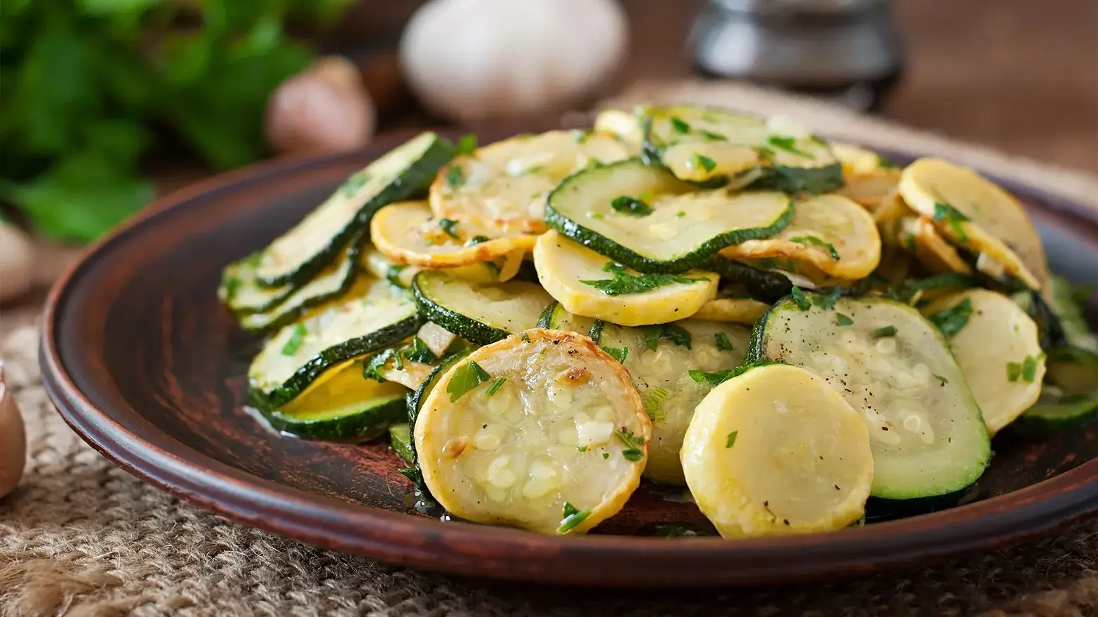 Plate of assorted roasted summer squash. 