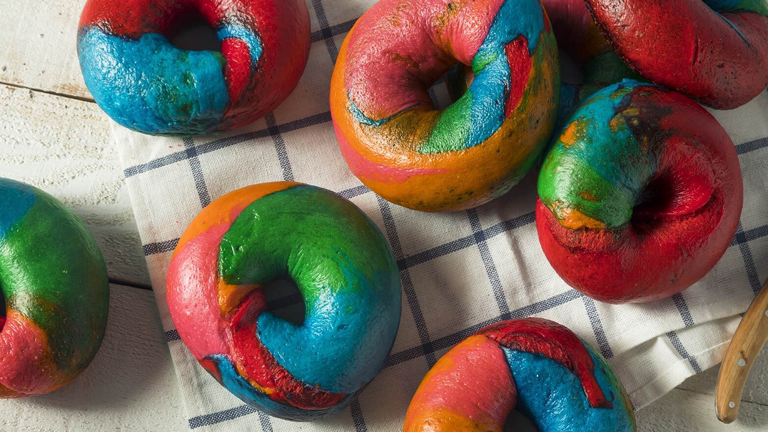 Freshly baked rainbow bagels