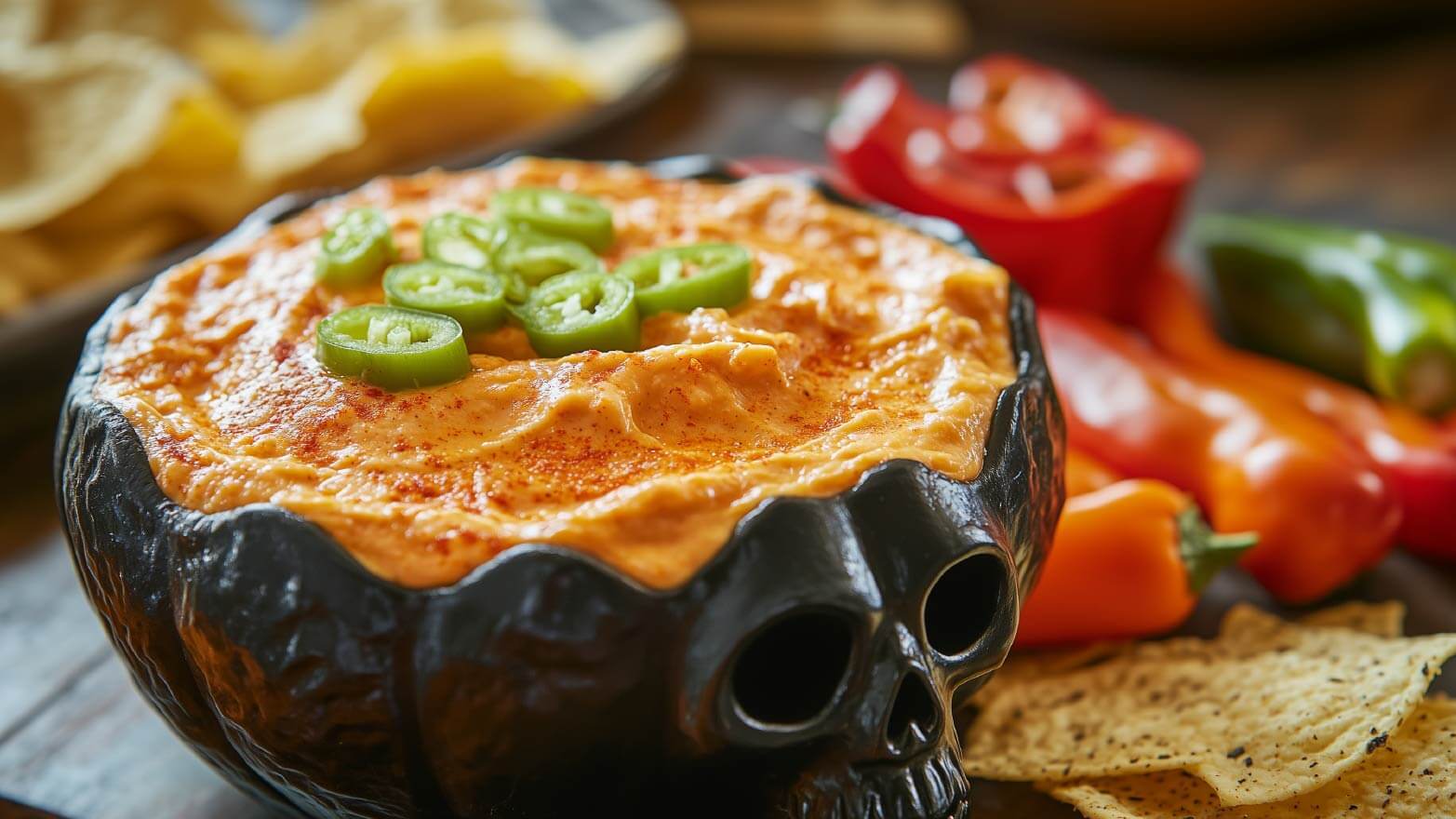 Cauldron filled with ghost pepper dip for Halloween potluck