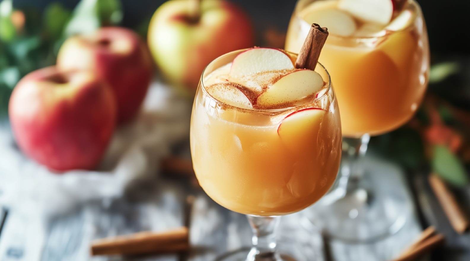 Caramel apple mocktail garnished with apple slices and cinnamon stick