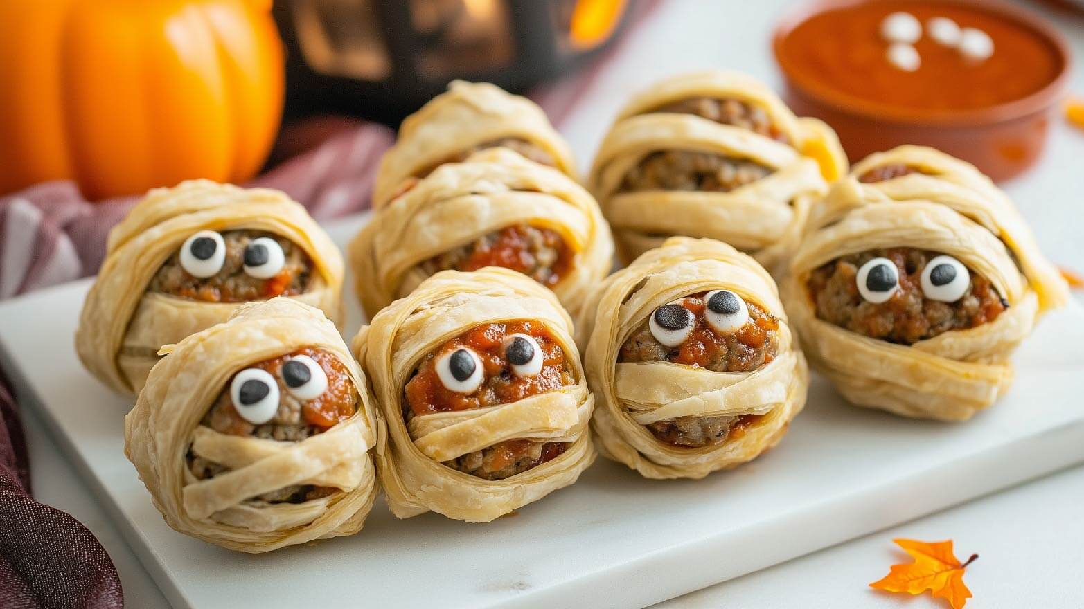 Mini meatballs wrapped in pastry dough that look like mummies