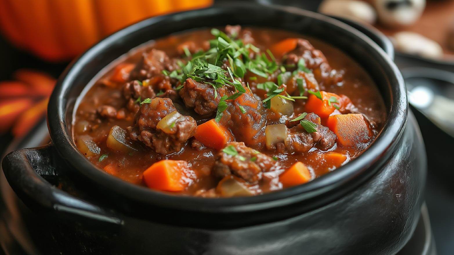 Beef stew served in a witch's cauldron