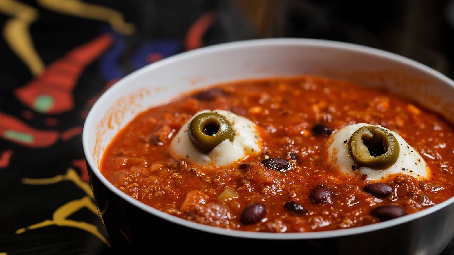 Large pot of chili that looks like a monster