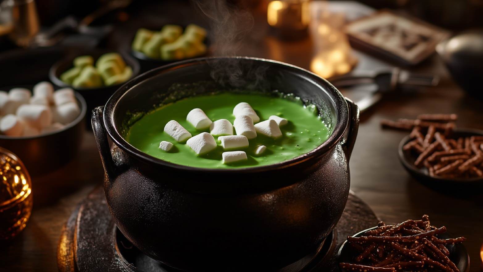 A cauldron of green chocolate with mini marshmallows