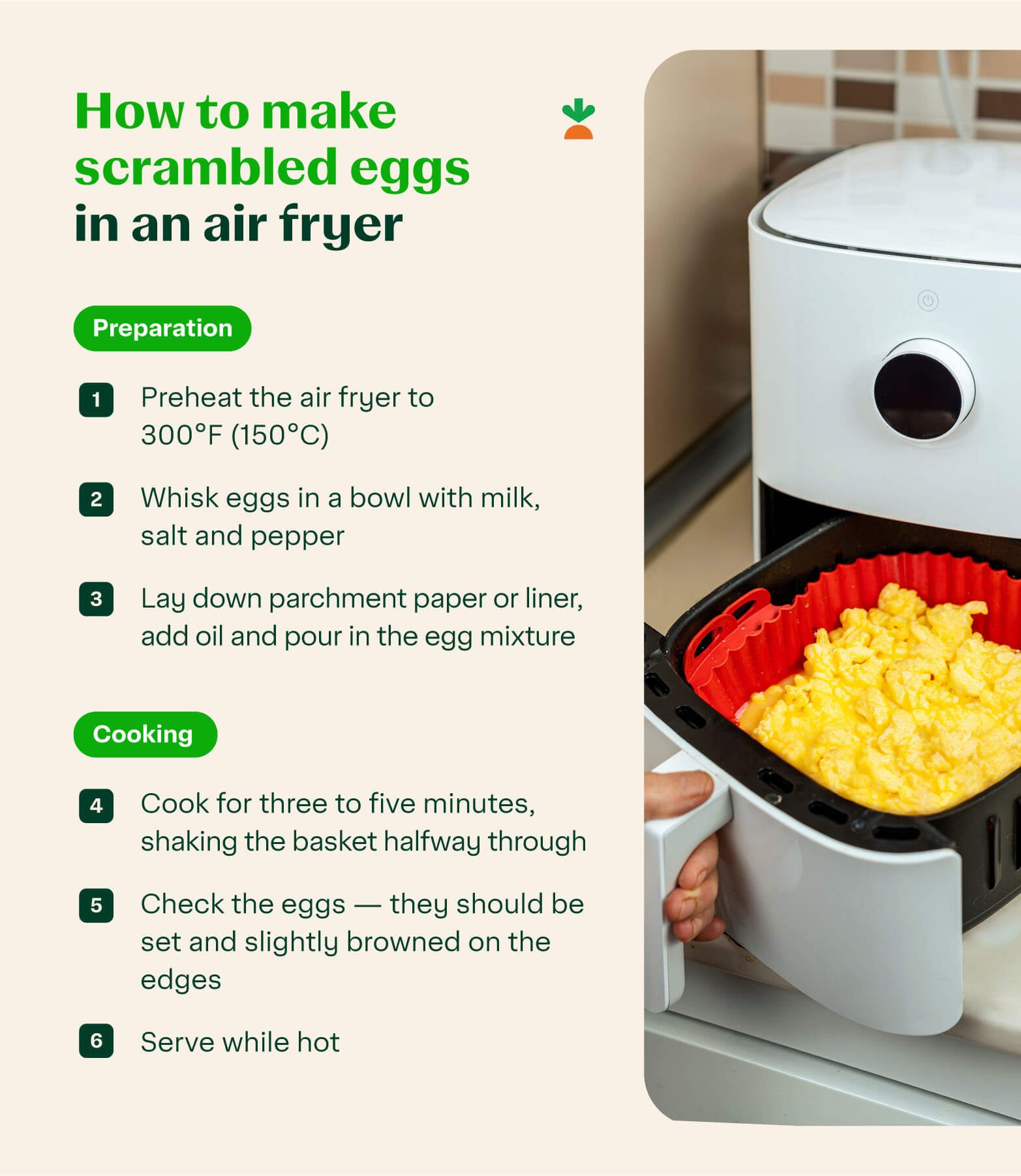 A person cooking scrambled eggs in an air fryer with a list of steps showing how to cook an egg in an air fryer.