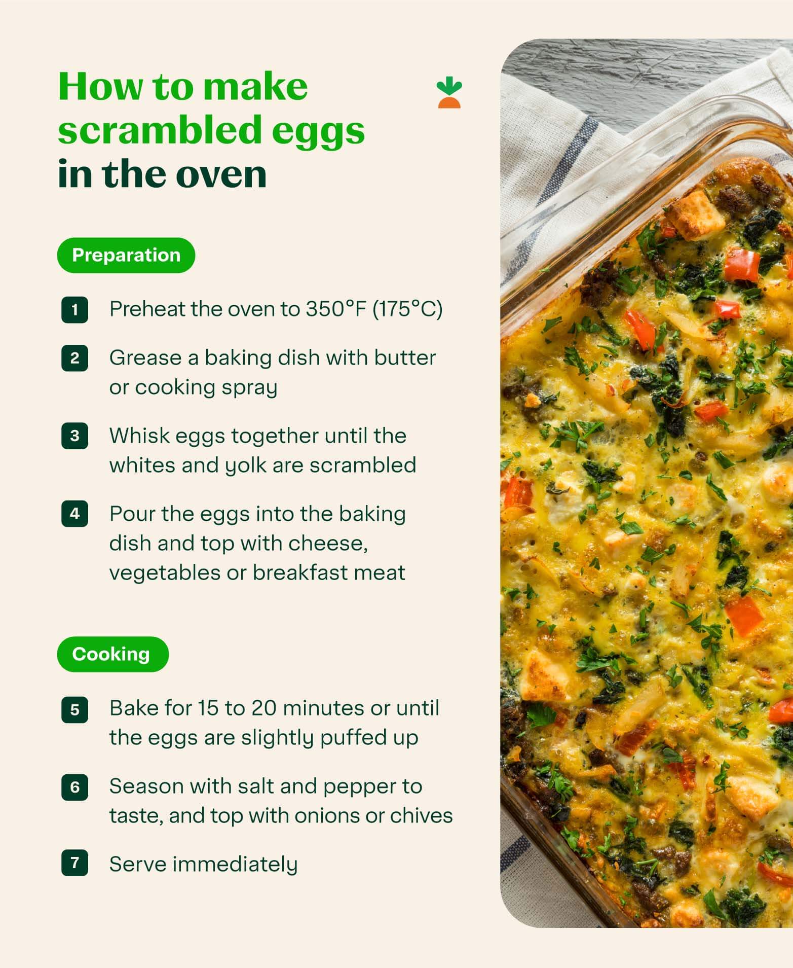 Cooked scrambled eggs in a baking dish with a list of steps for how to cook eggs in the oven.