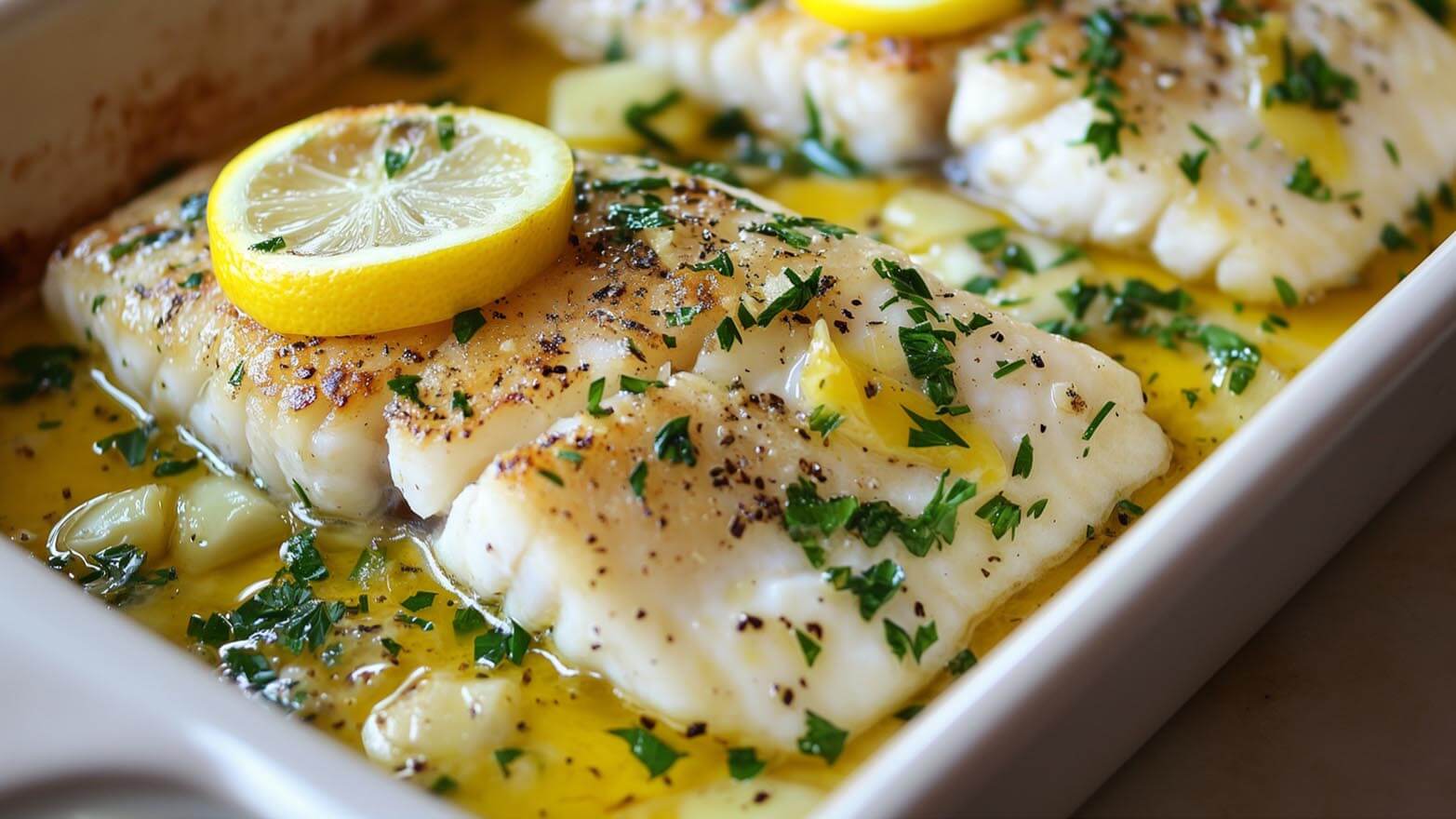 Baked cod topped with lemon and herbs