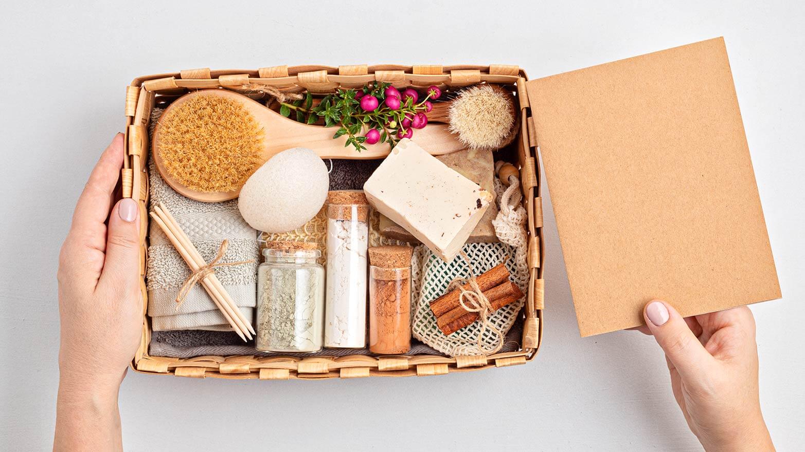 A gift basket with self care items