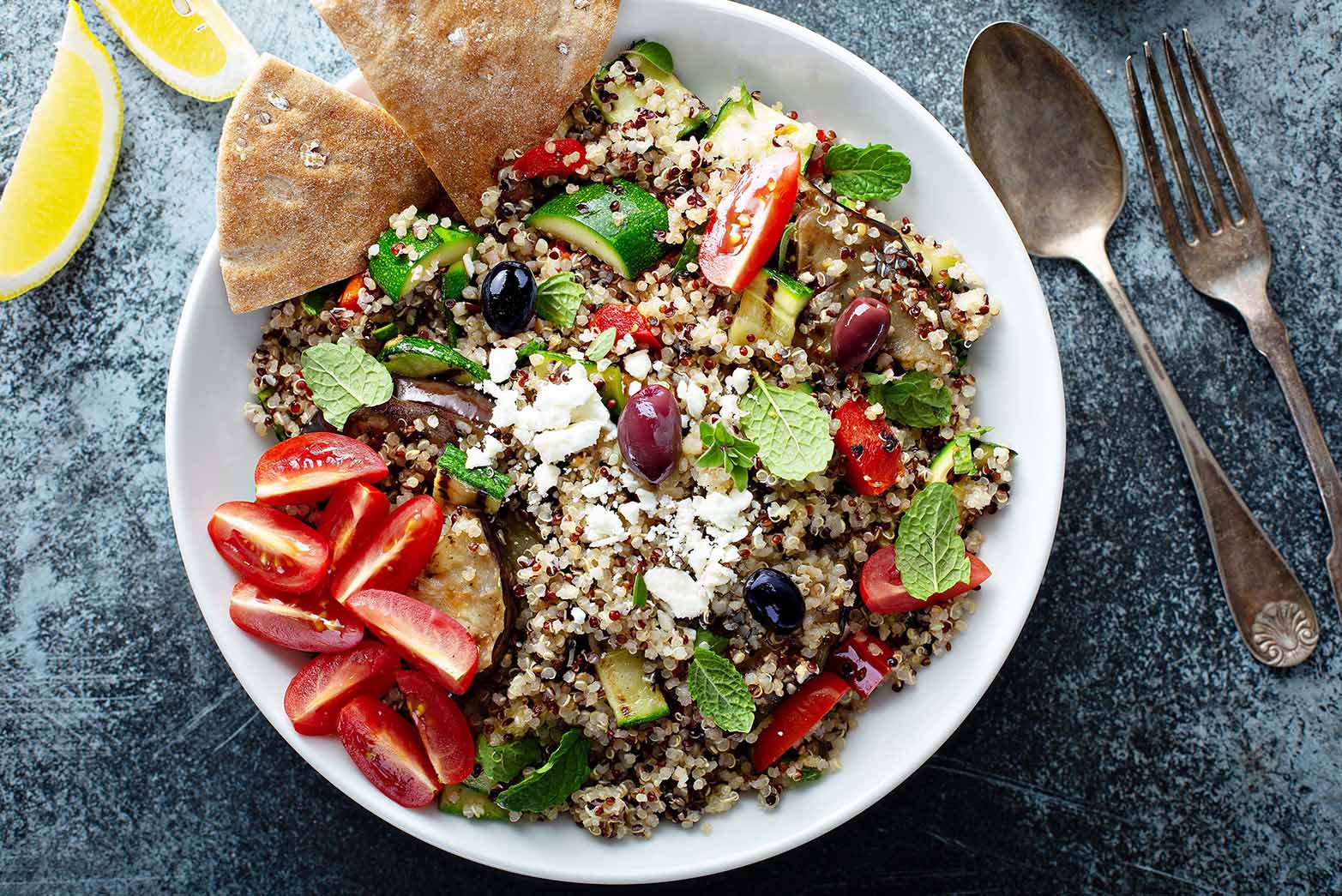 A colorful Mediterranean quinoa bowl.