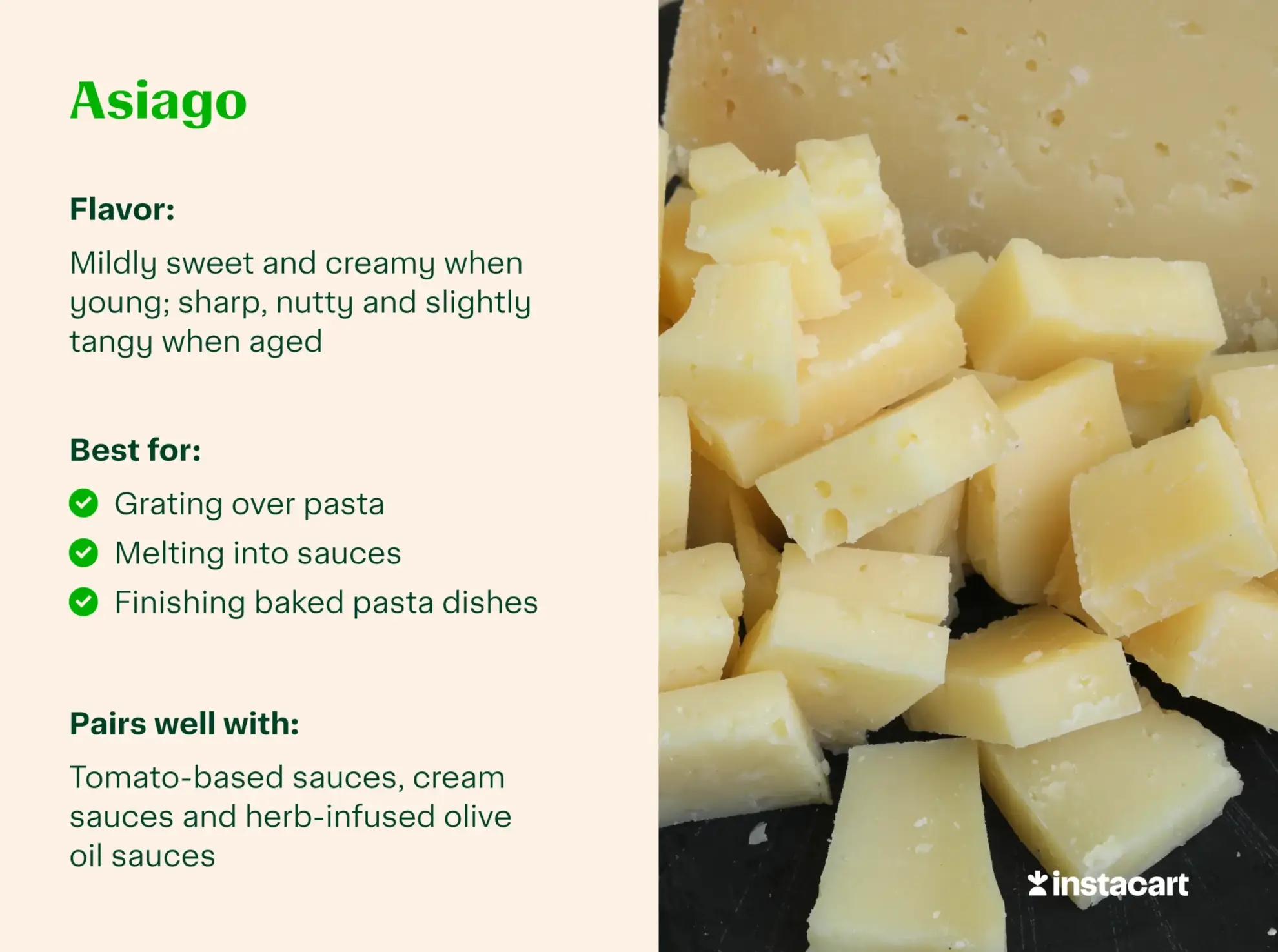 Asiago for pasta with flavor profile, best for and pairs well call outs.