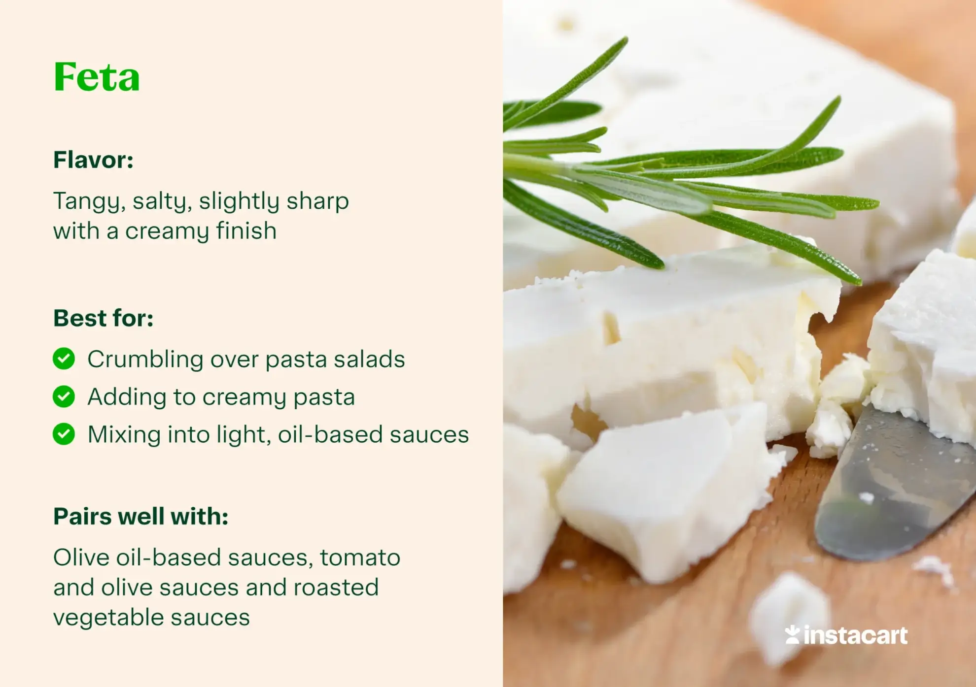 Feta for pasta with flavor profile, best for and pairs well call outs.