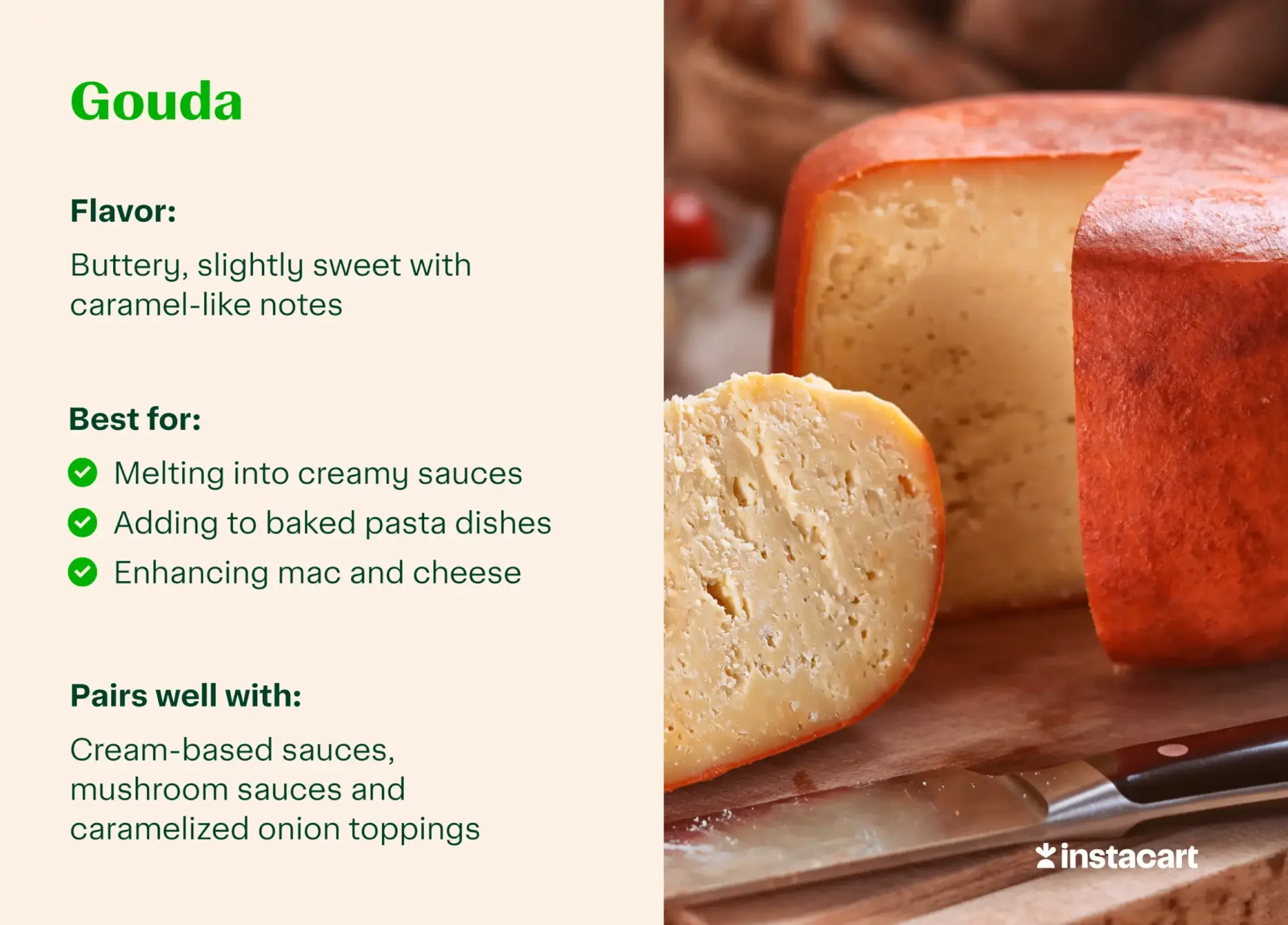 Gouda for pasta with flavor profile, best for and pairs well call outs.