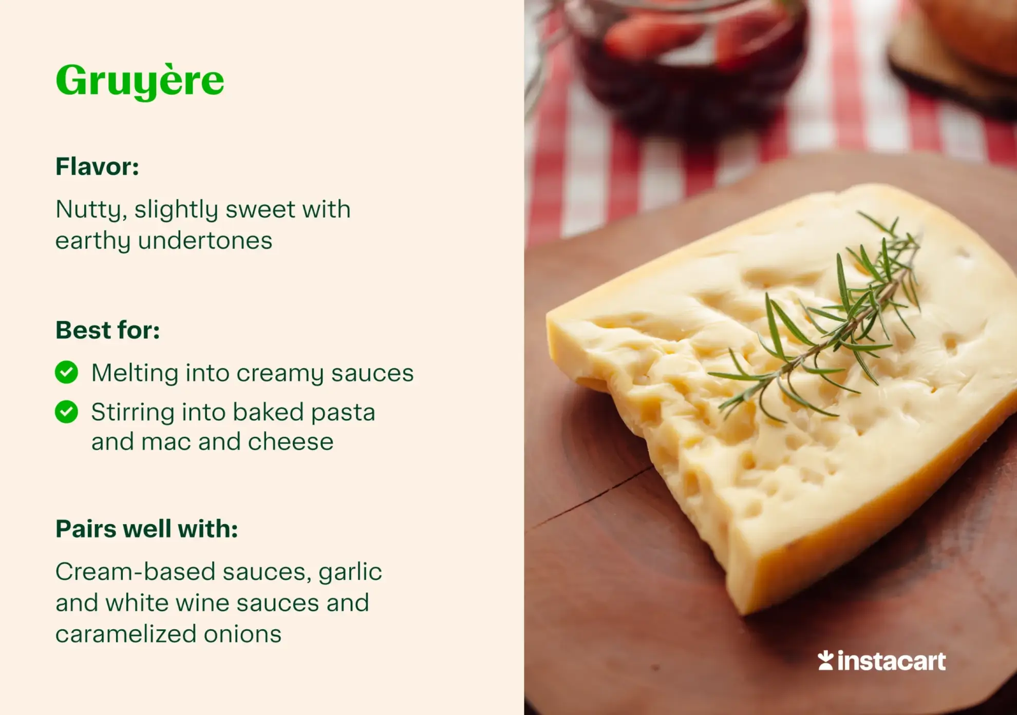 Gruyère for pasta with flavor profile, best for and pairs well call outs.