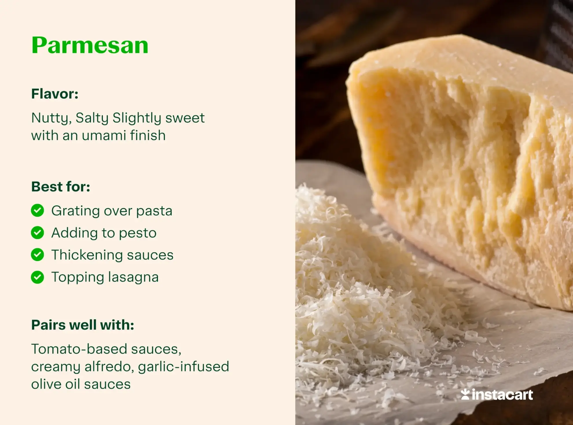 Parmesan cheese for pasta with flavor profile, best for and pairs well call outs.