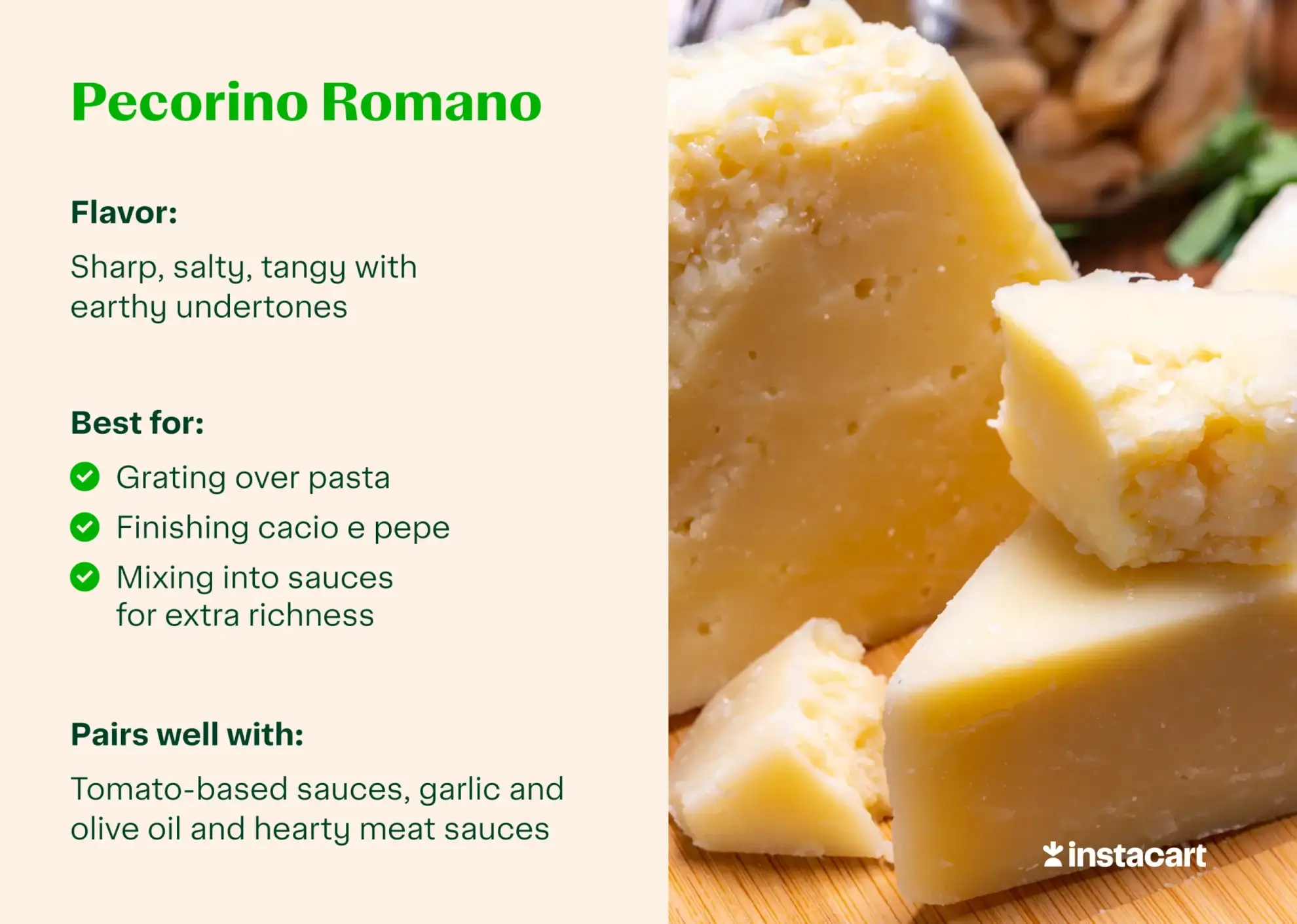 Pecorino Romano for pasta with flavor profile, best for and pairs well call outs.