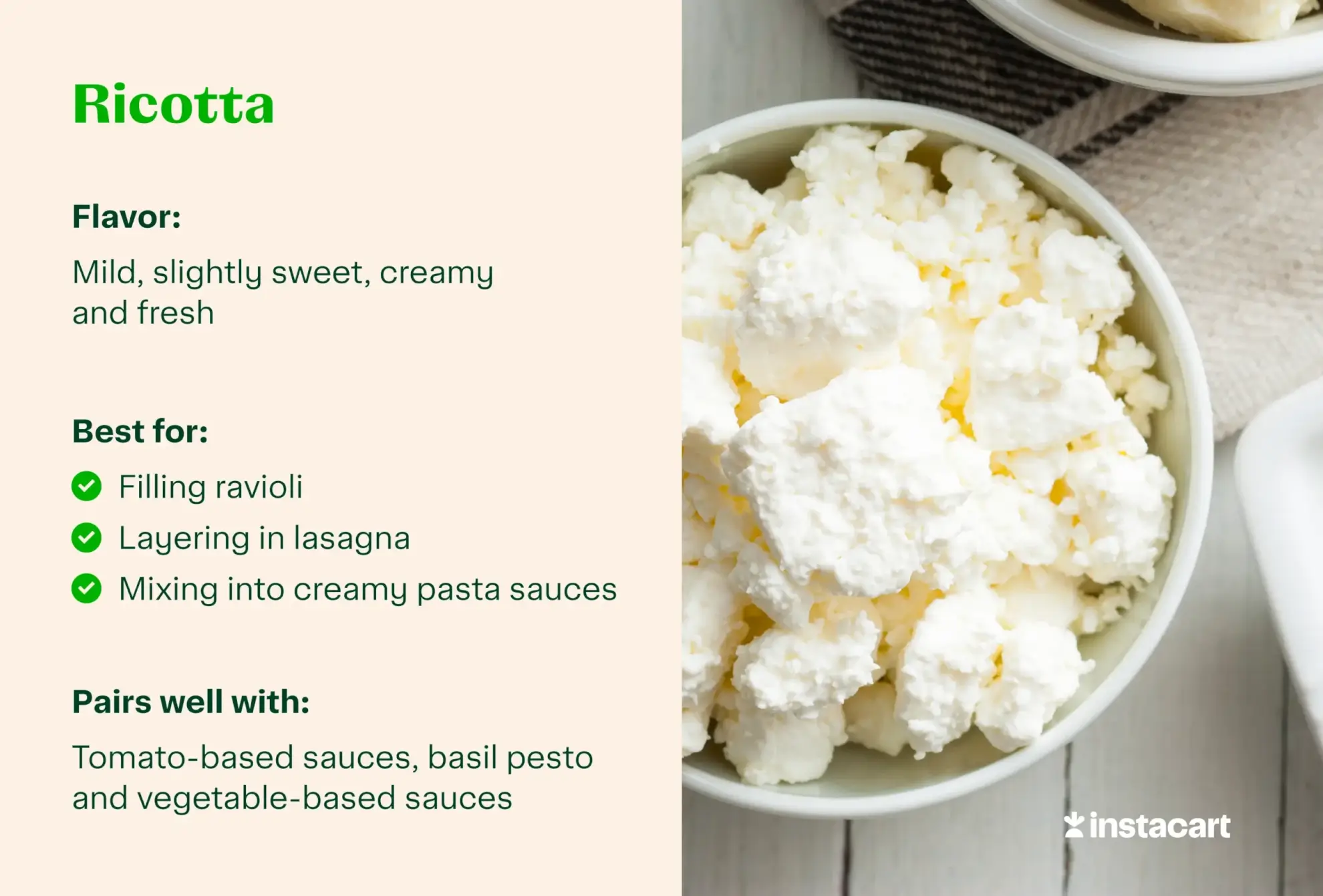 Ricotta for pasta with flavor profile, best for and pairs well call outs.