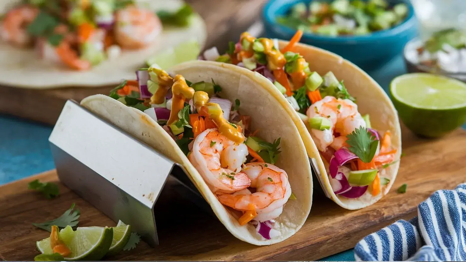 Two shrimp tacos with lime