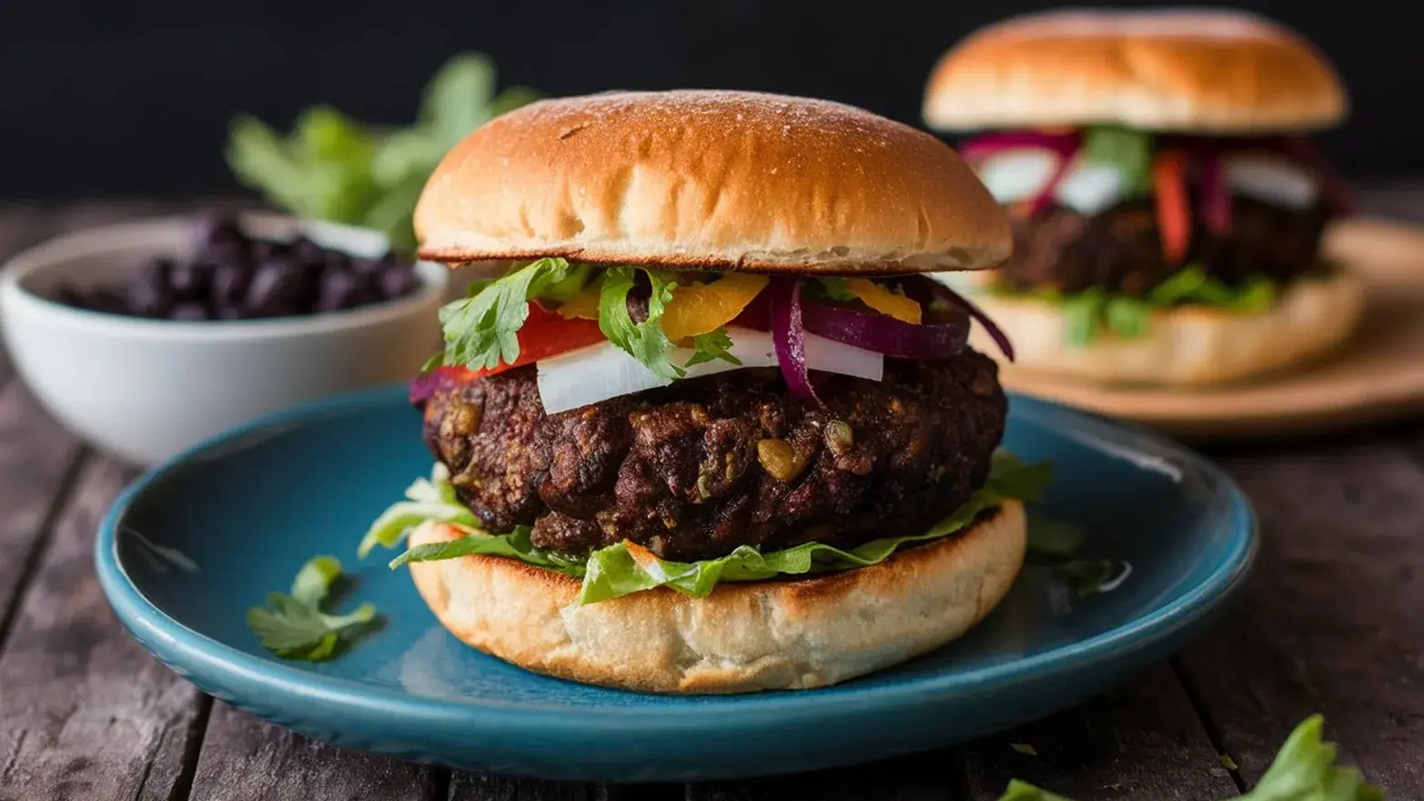 Plate of black bean burgers with all the fixings