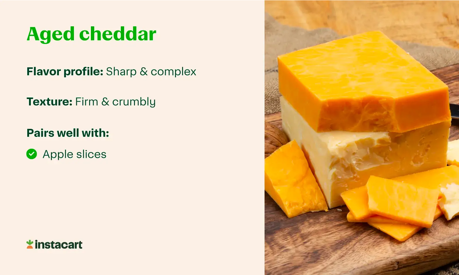 A graphic with a photo of aged cheddar cheese and info about its flavor, texture, and popular cheddar pairings.