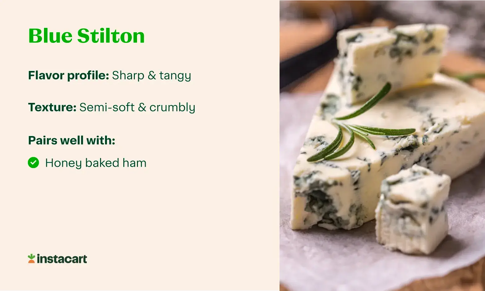 A graphic with a photo of blue Stilton cheese and info about its flavor, texture, and popular Stilton pairings.