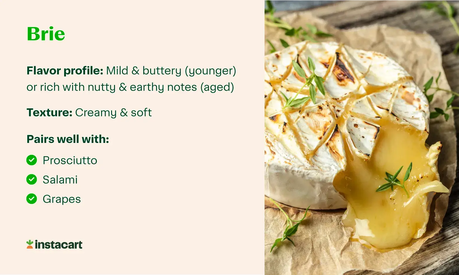 A graphic with a photo of Brie cheese and info about its flavor, texture, and popular Brie pairings.