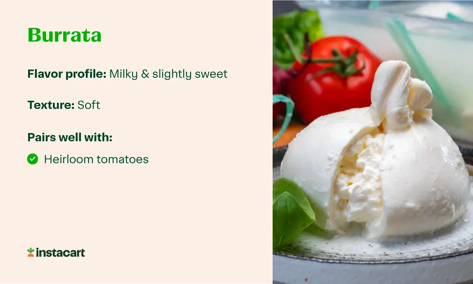 A graphic with a photo of Burrata cheese and info about its flavor, texture, and popular Burrata pairings.