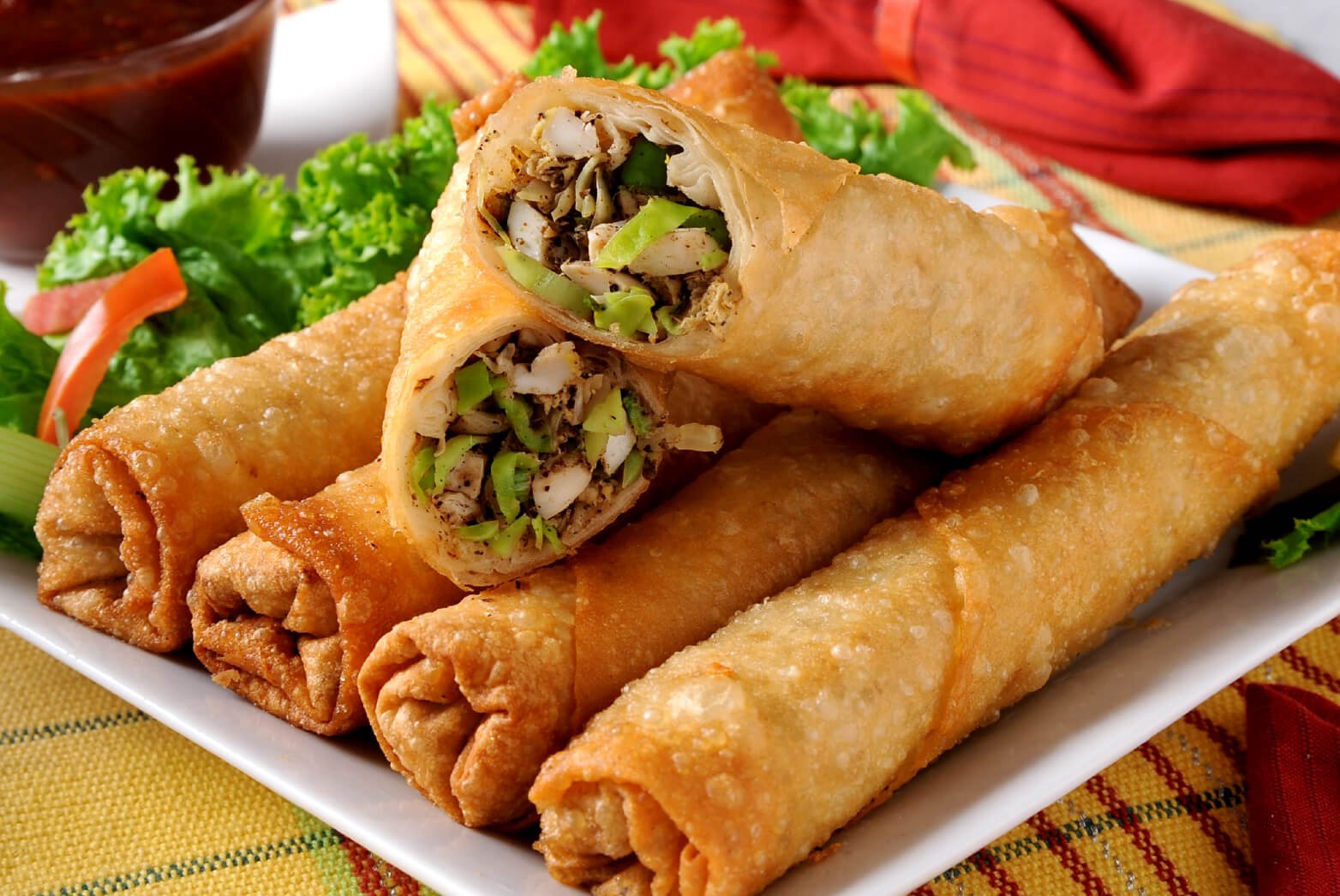 Plate of chicken spring rolls