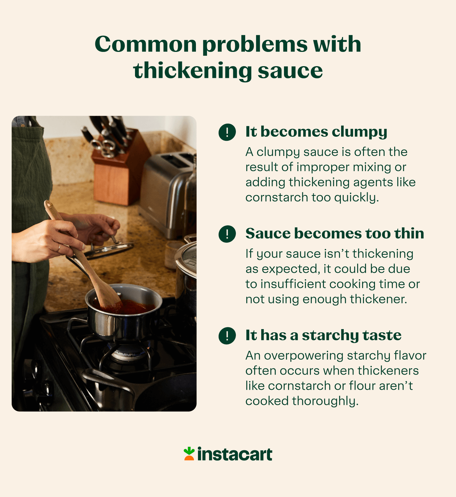 List of common problems with thickening sauce, along with a stock image of a person thickening sauce in a saucepan