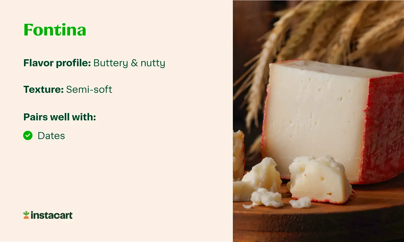 A graphic with a photo of Fontina cheese and info about its flavor, texture, and popular Fontina pairings.