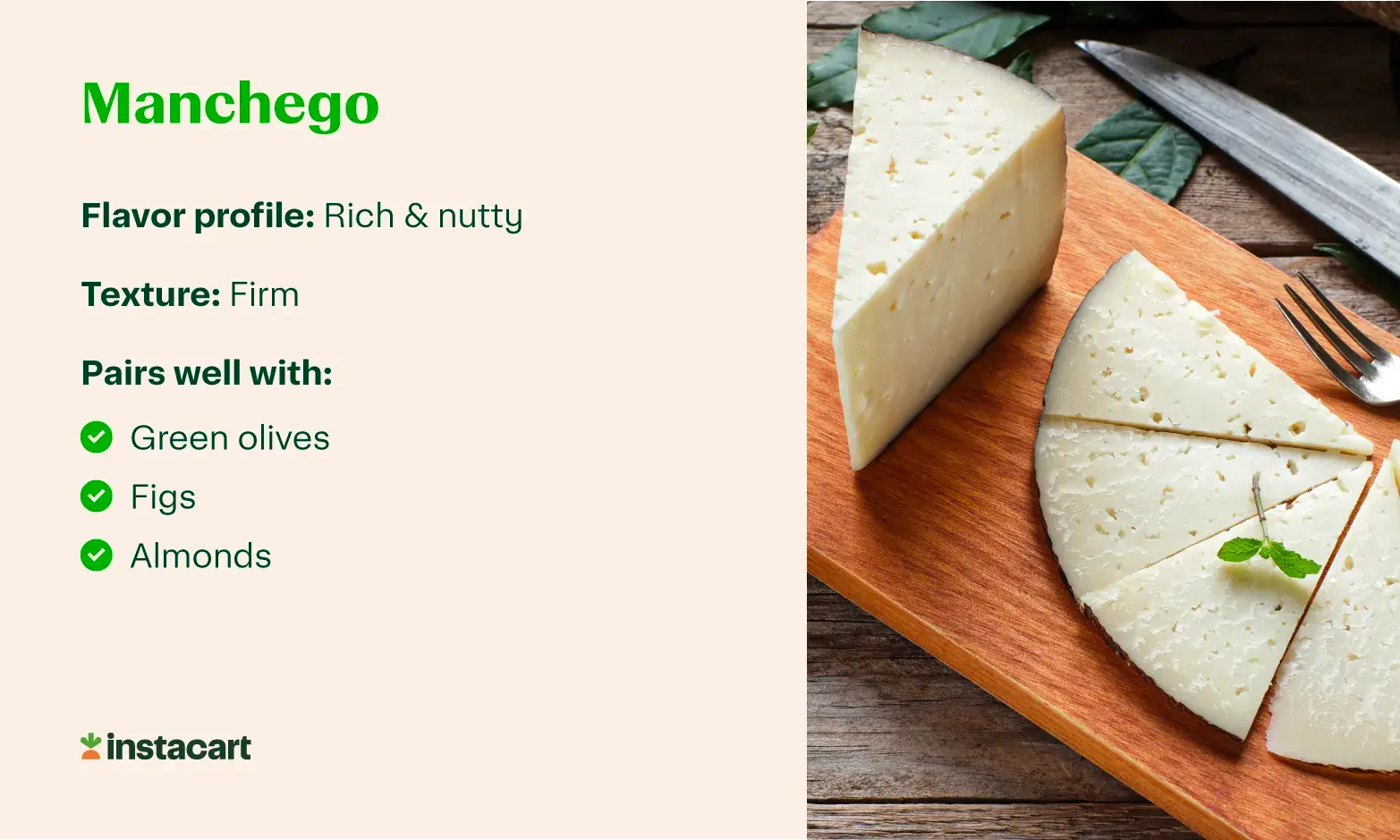 A graphic with a photo of Manchego cheese and info about its flavor, texture, and popular Manchego pairings.