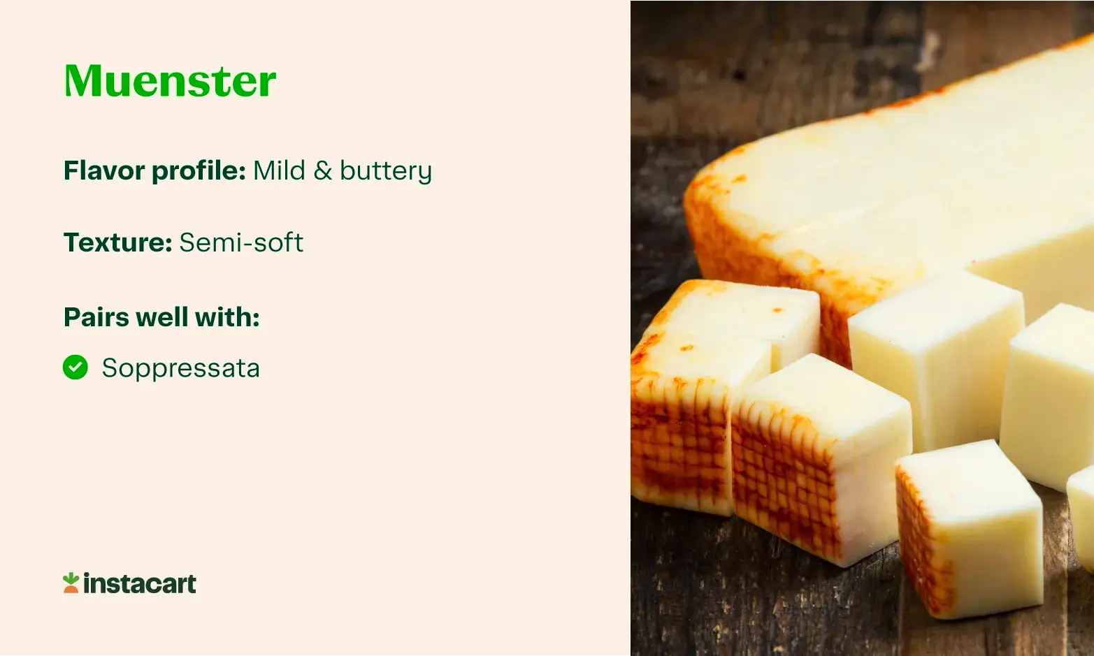 A graphic with a photo of Muenster cheese and info about its flavor, texture, and popular Muenster pairings.