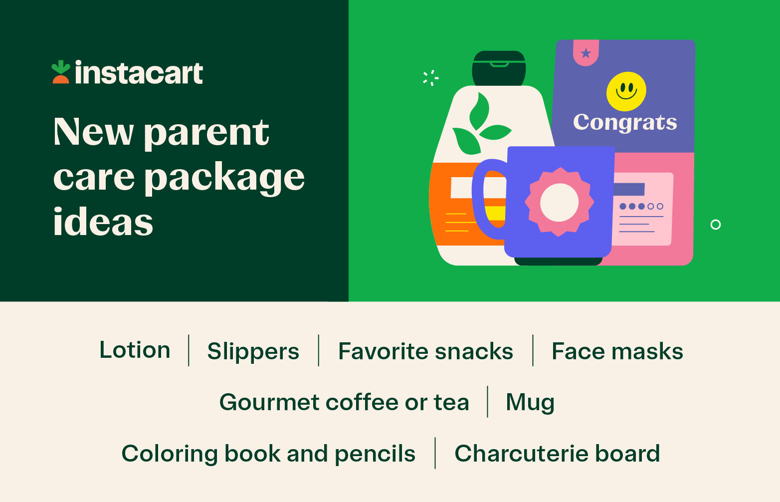 A care package full of small gifts for new parents.