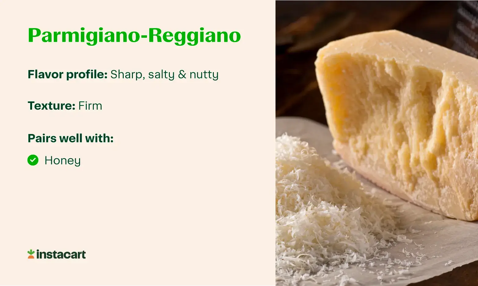 A graphic with a photo of Parmigiano-Reggiano cheese and info about its flavor, texture, and popular Parmigiano-Reggiano pairings.