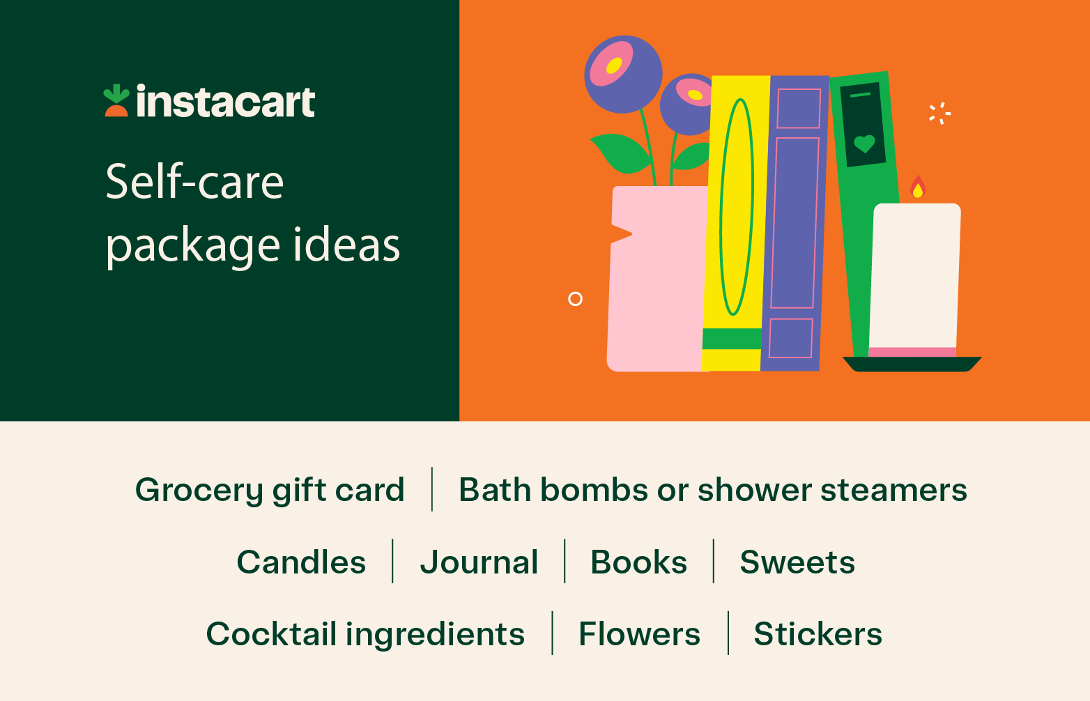 A care package full of small gifts for self-care.