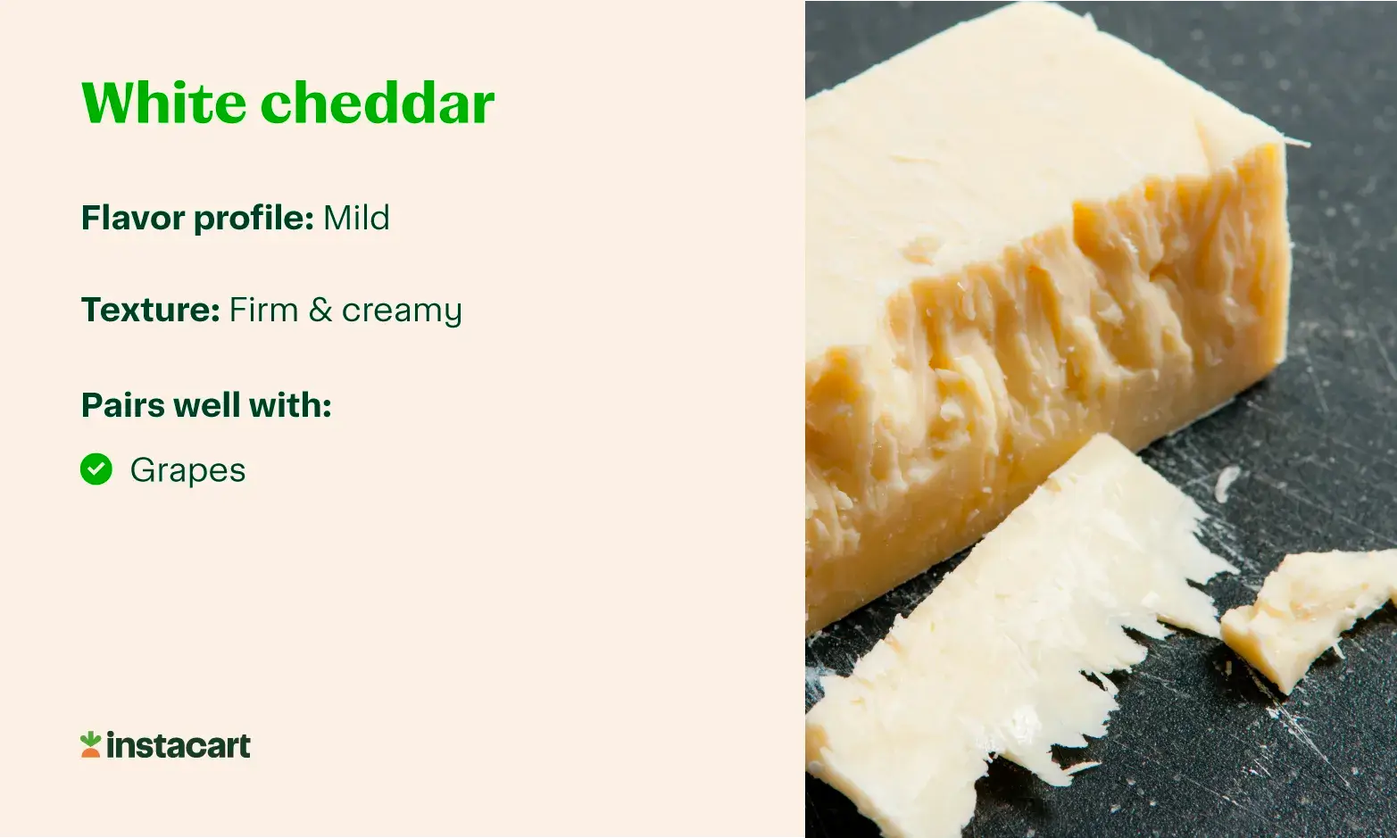 A graphic with a photo of white cheddar cheese and info about its flavor, texture, and popular white cheddar pairings.