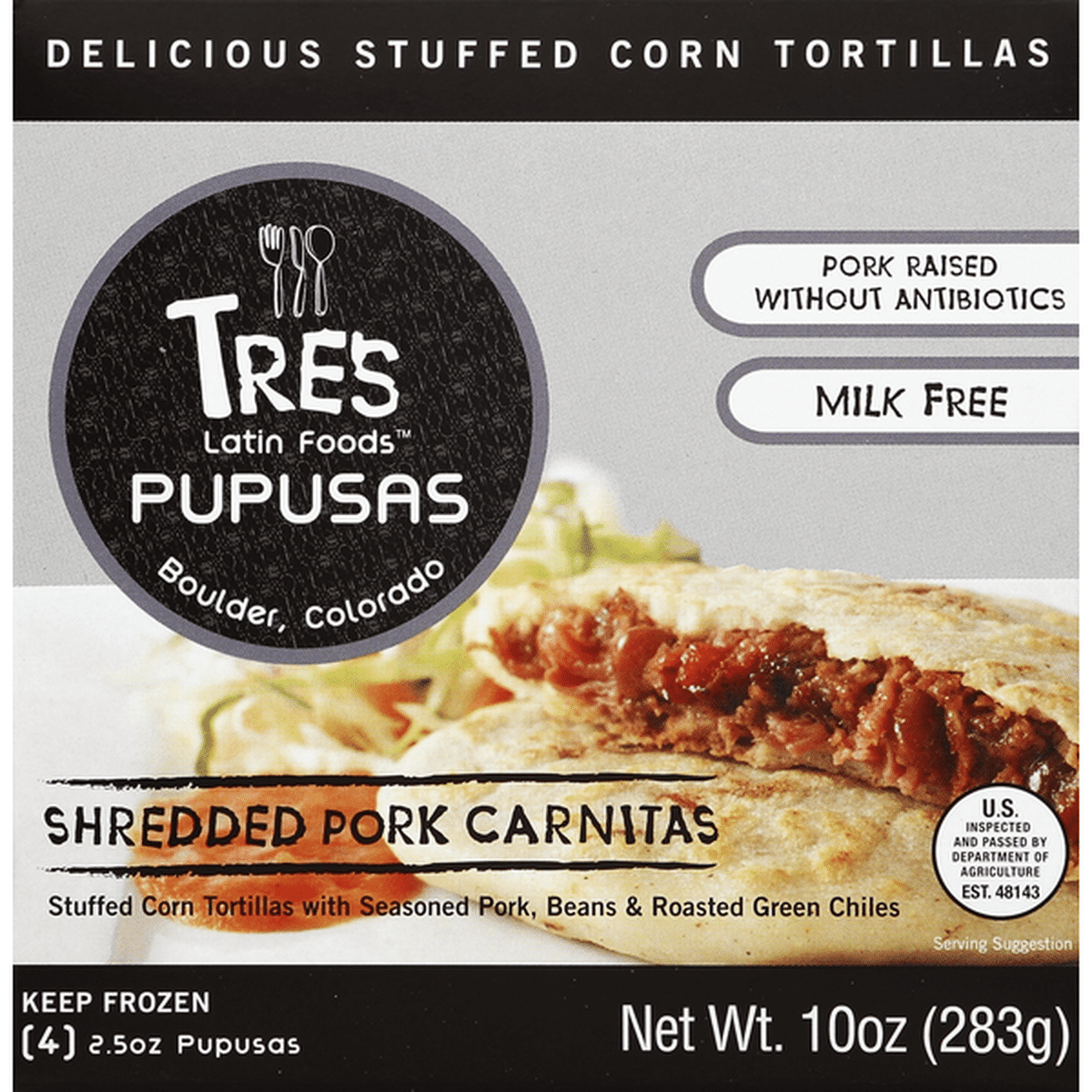 Tres Latin Foods Shredded Pork Carnitas Tortilla Pupusas (10 oz